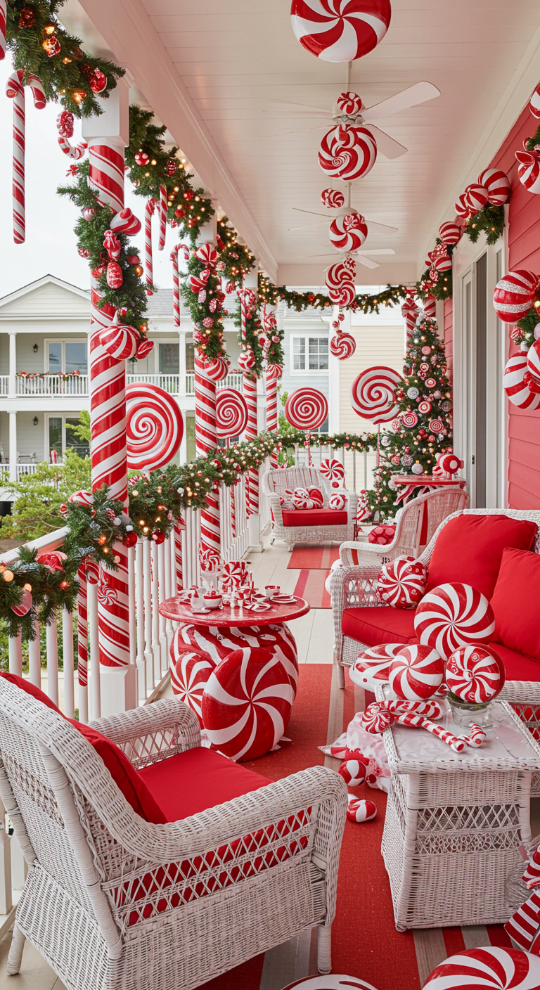 Balkon überbordend dekoriert mit roten und weißen Zuckerstangen und Lollipops.