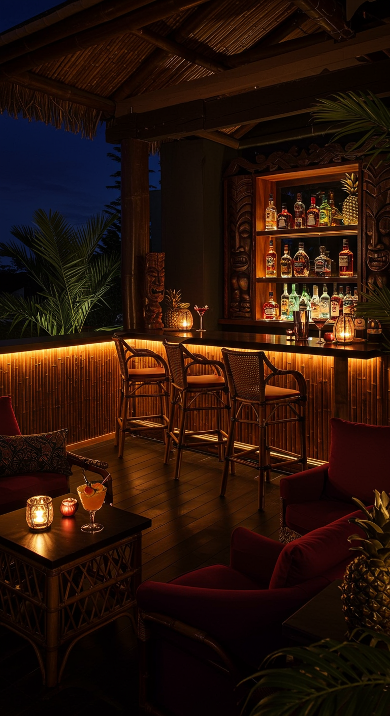 Elegante Tiki-Bar bei Nacht mit indirekter Beleuchtung und dunklen Holzmöbeln.