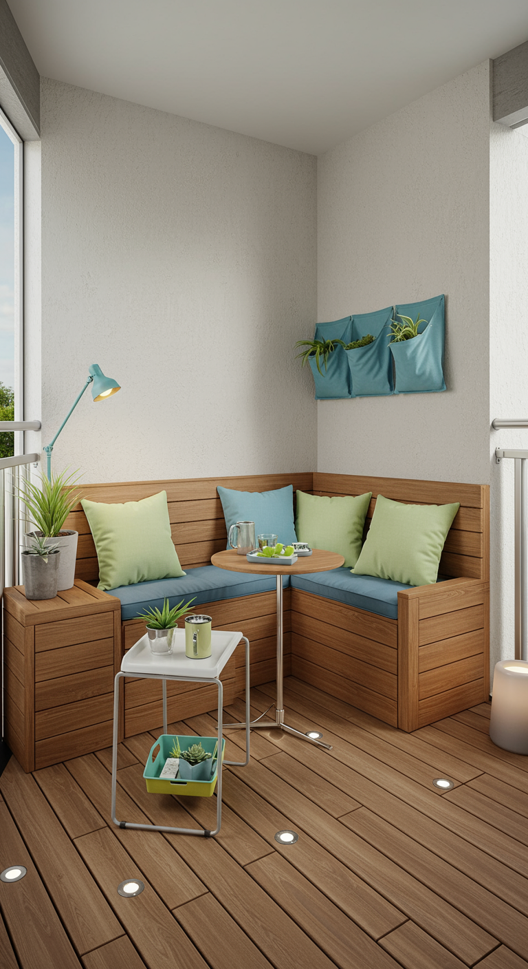 Hölzerne Eckbank mit Stauraum, Polstern, kleinem Tisch und Wandpflanztaschen.