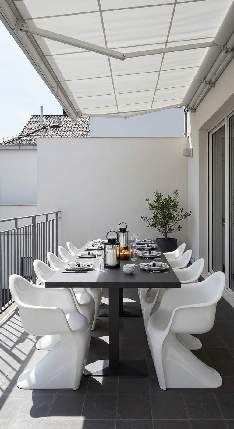 Großer Balkon-Essbereich mit dunklem Tisch, weißen Stühlen und schwarz-weißer Tischdeko unter Markise.