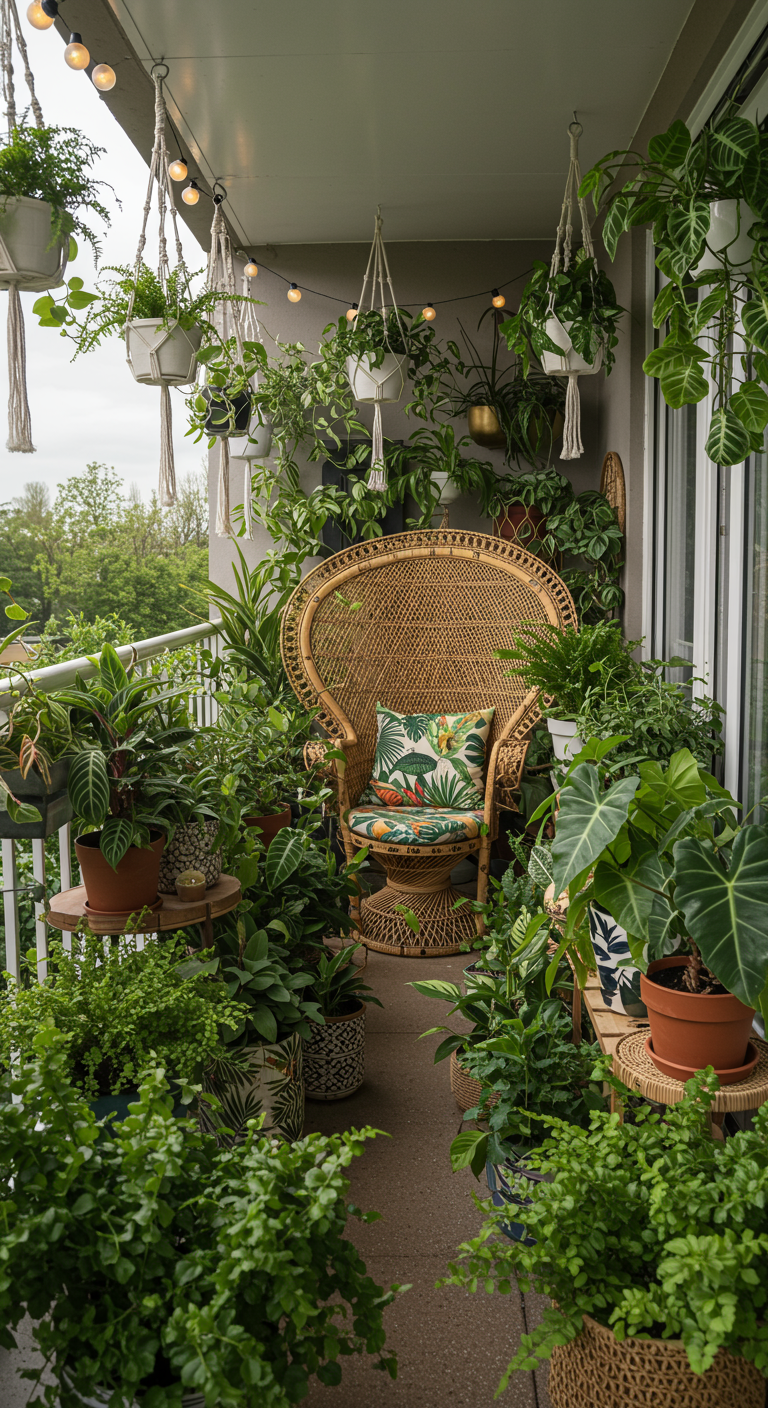 Üppig bepflanzter Boho-Balkon mit Peacock-Chair und vielen Hängepflanzen.
