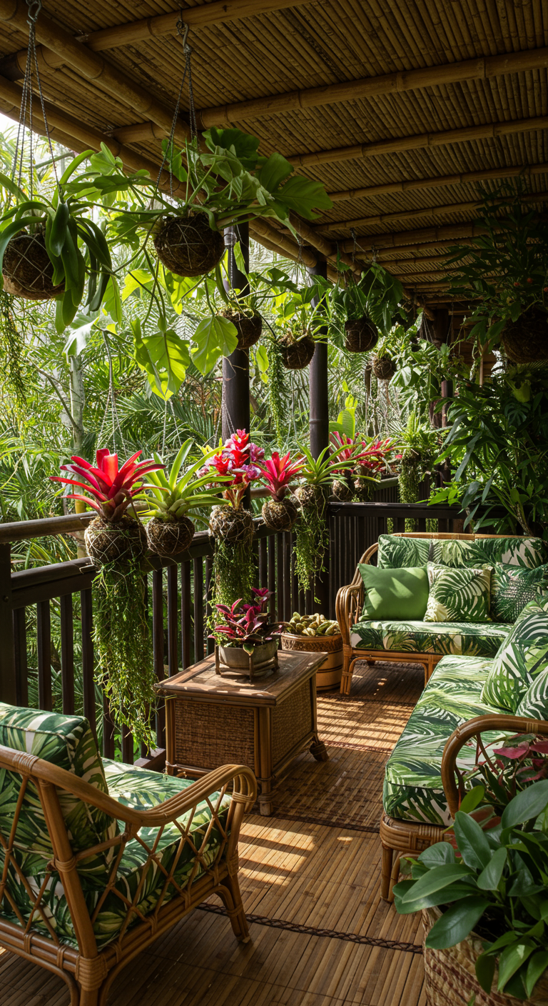 Tropischer Balkon mit Kokedama-Hängepflanzen und Bambuselementen.