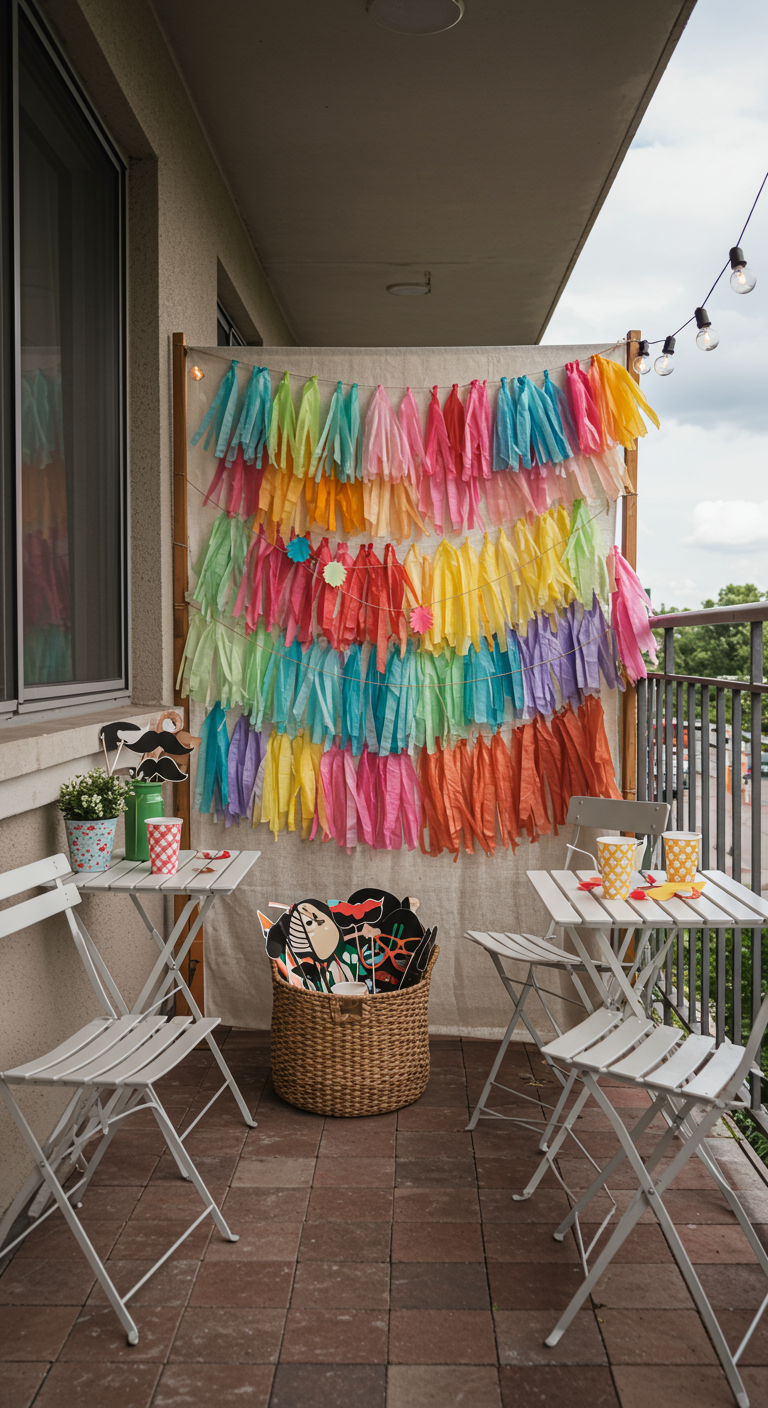 DIY-Fotowand aus bunten Papierfransen auf einem Balkon mit kleinen weißen Tischen und Stühlen.
