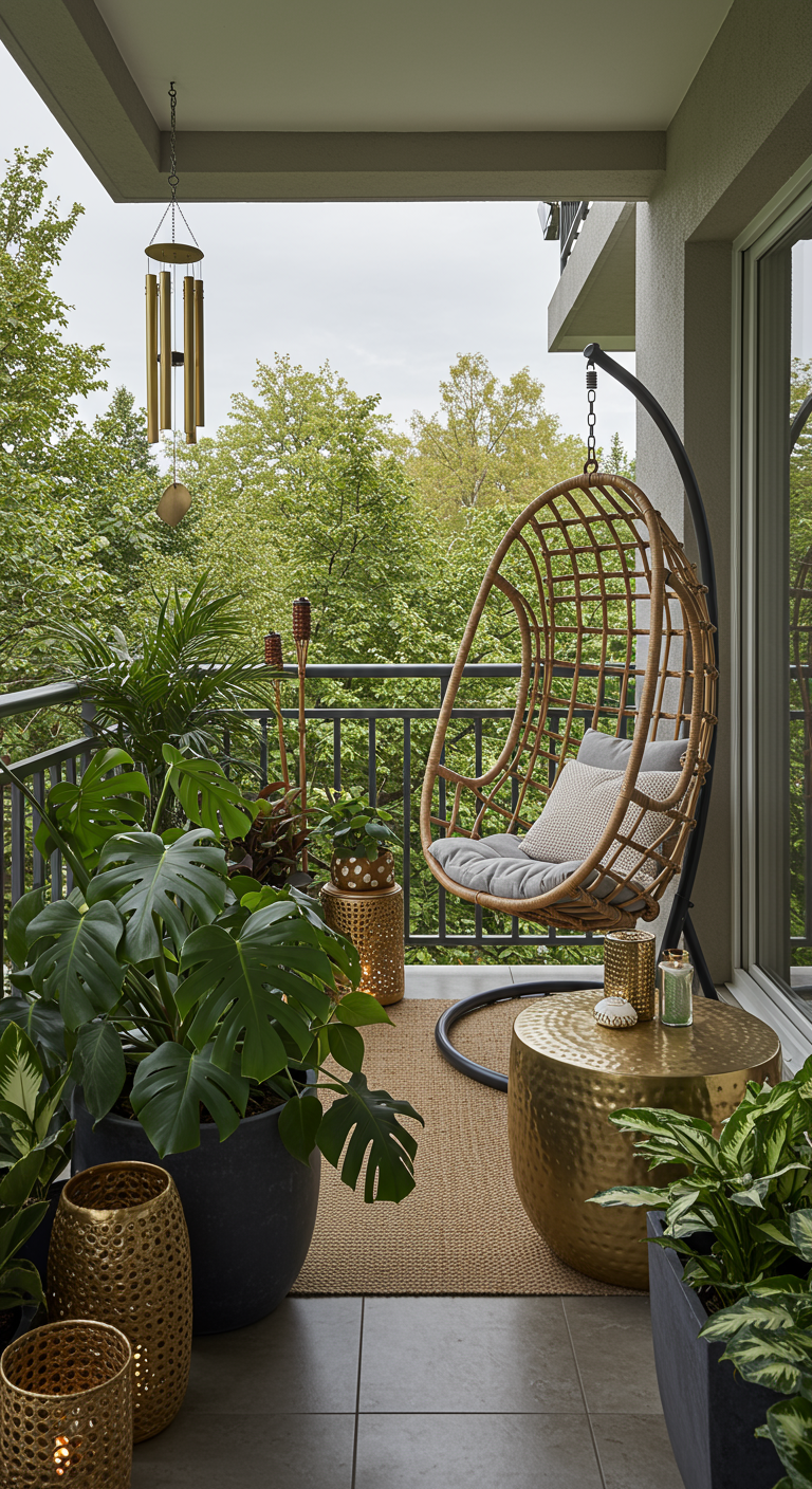 Balkon mit Hängesessel, vielen Pflanzen und goldenem Beistelltisch sowie goldenen Windlichtern.
