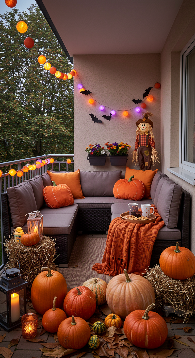 Balkon mit Halloween-Deko: Kürbisse, Strohballen, Lichterketten und Vogelscheuche.