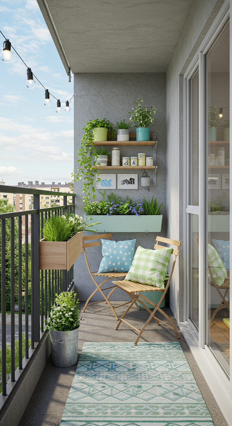 Schmaler Balkon mit Klappstühlen, Hängepflanzen und einem kleinen Teppich.