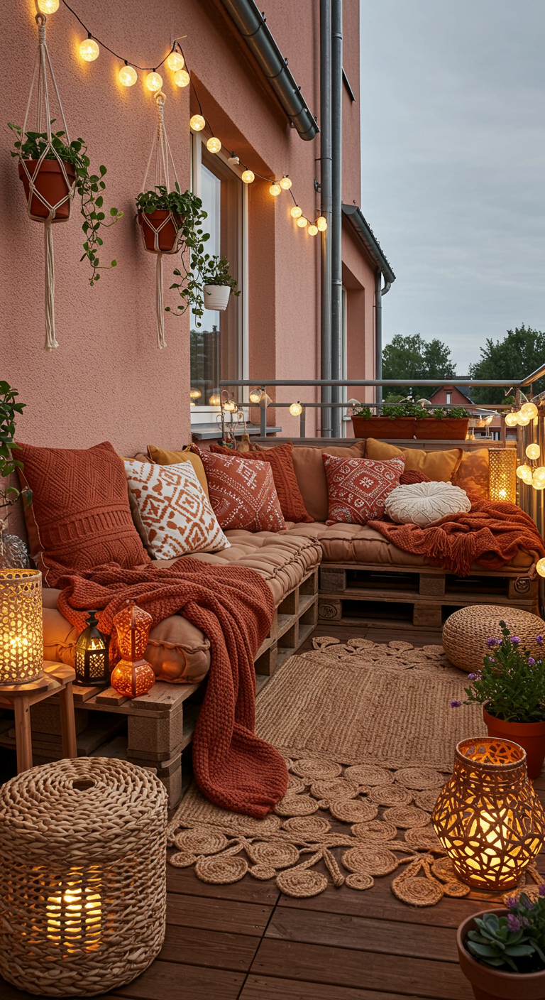 Balkon-Lounge mit Palettensofa, Terrakotta-Kissen, Teppichen und Lichterketten.