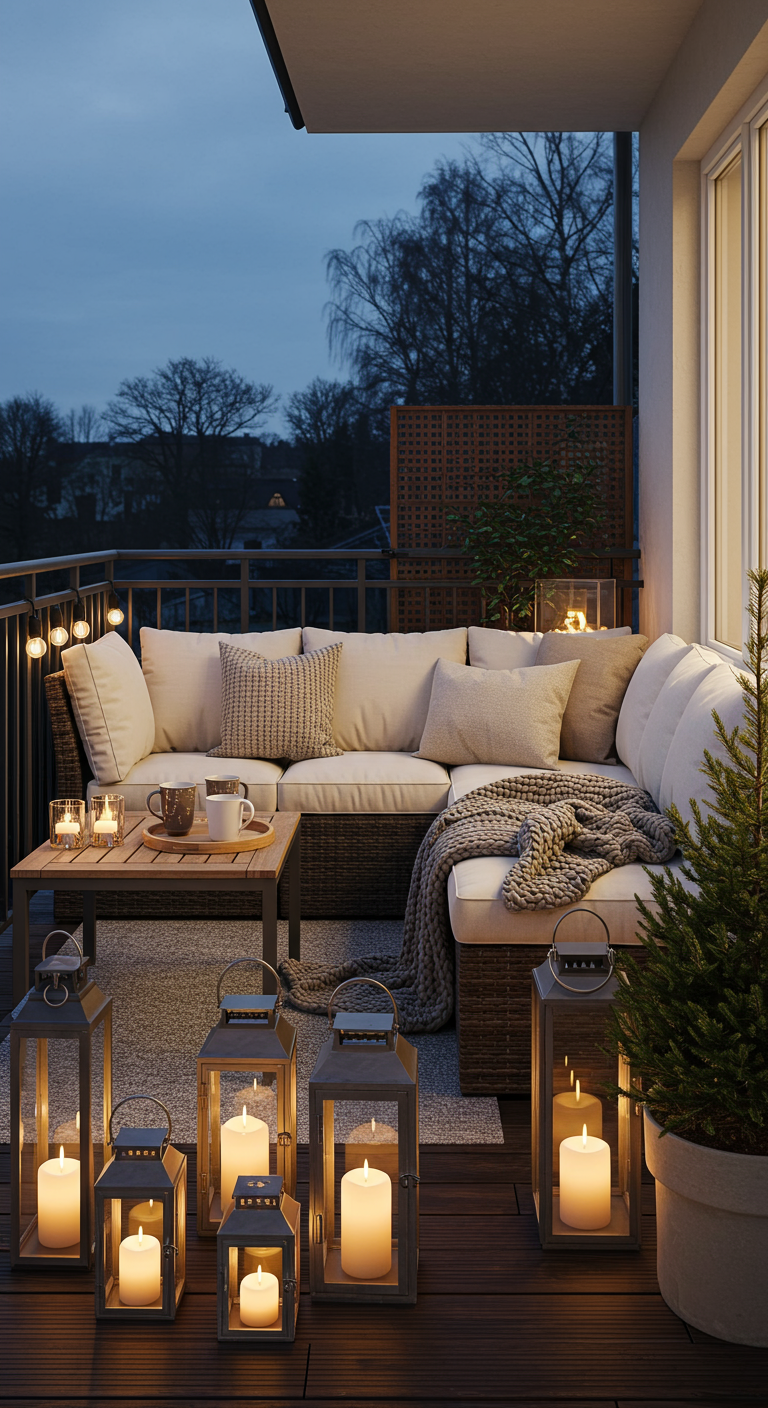 Gemütlicher Nordbalkon mit Ecksofa, vielen Laternen und Lichterketten bei Nacht.