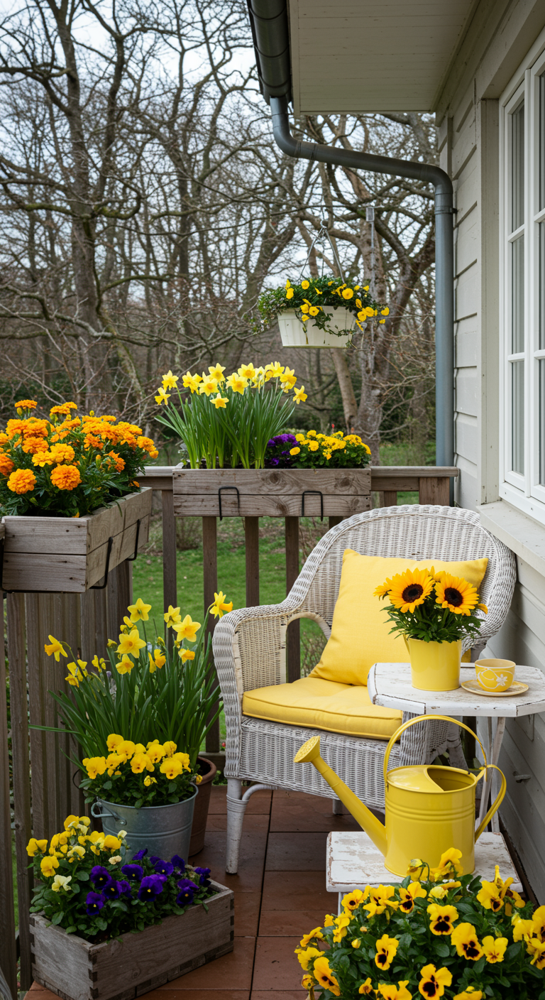 Landhausbalkon mit weißem Korbsessel, gelbem Kissen und vielen gelben Blumen.