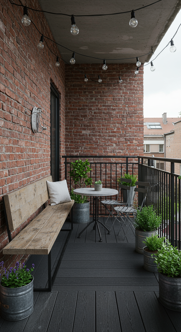 Eckbalkon im Industrial-Stil mit Ziegelwand, Holzbank und Metallmöbeln.