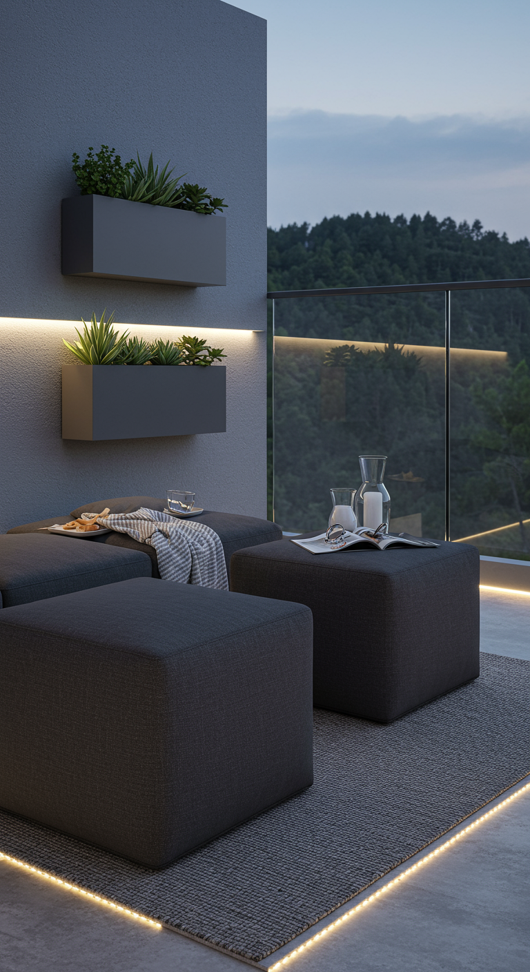 Moderne Balkonlounge mit grauen modularen Sitzelementen, Wandpflanzkästen und LED-Bodenbeleuchtung.