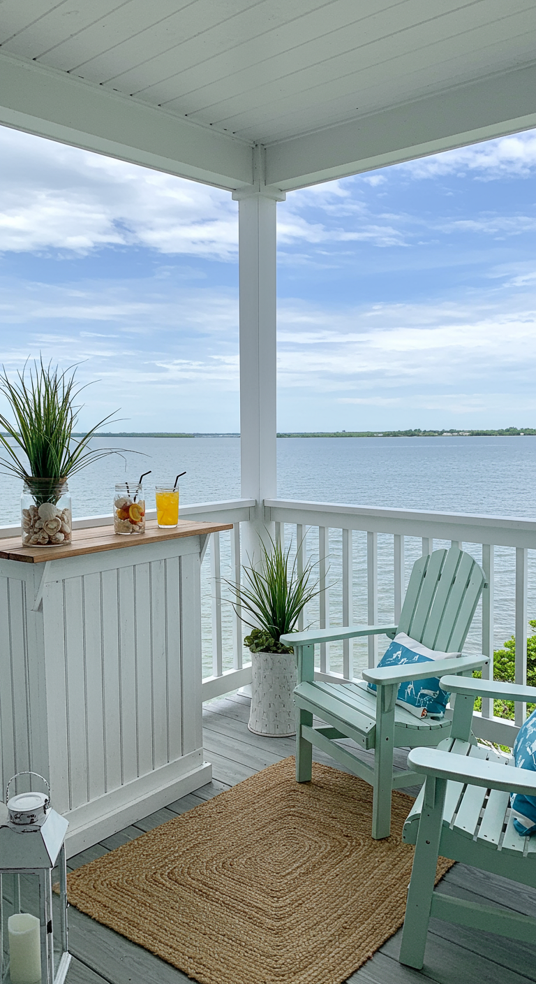 Balkonbar in Weiß und Mint mit Blick aufs Wasser, Adirondack-Stühlen und maritimer Deko.
