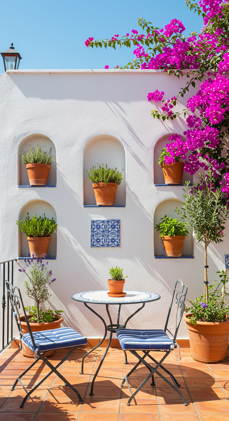 Weiße Wand mit eingelassenen Nischen für Terrakotta-Pflanztöpfe, mediterraner Stil.