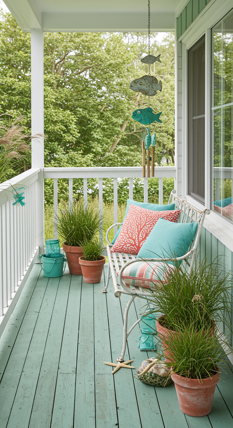 Veranda mit mintgrünem Holzboden, weißer Bank und maritimer Deko.