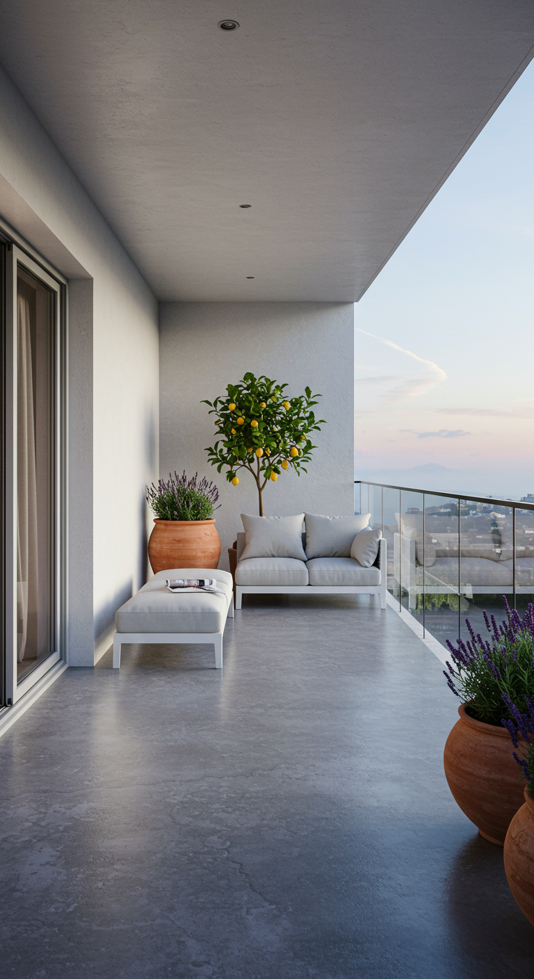 Moderner, minimalistischer Balkon mit Sofa, Zitronenbaum und Lavendel.