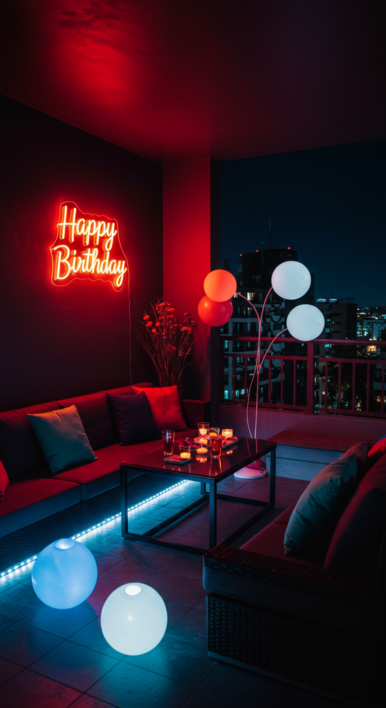 Modern eingerichteter Balkon bei Nacht mit rotem Neon „Happy Birthday“-Schild und bunten LED-Kugeln.