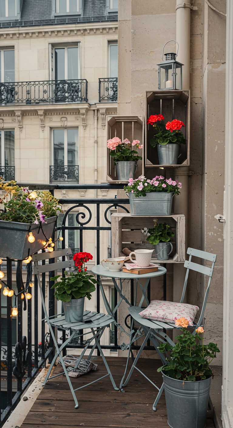 Pariser Balkon mit gestapelten Holzkisten als Regal für Blumen neben einem kleinen Bistrotisch.