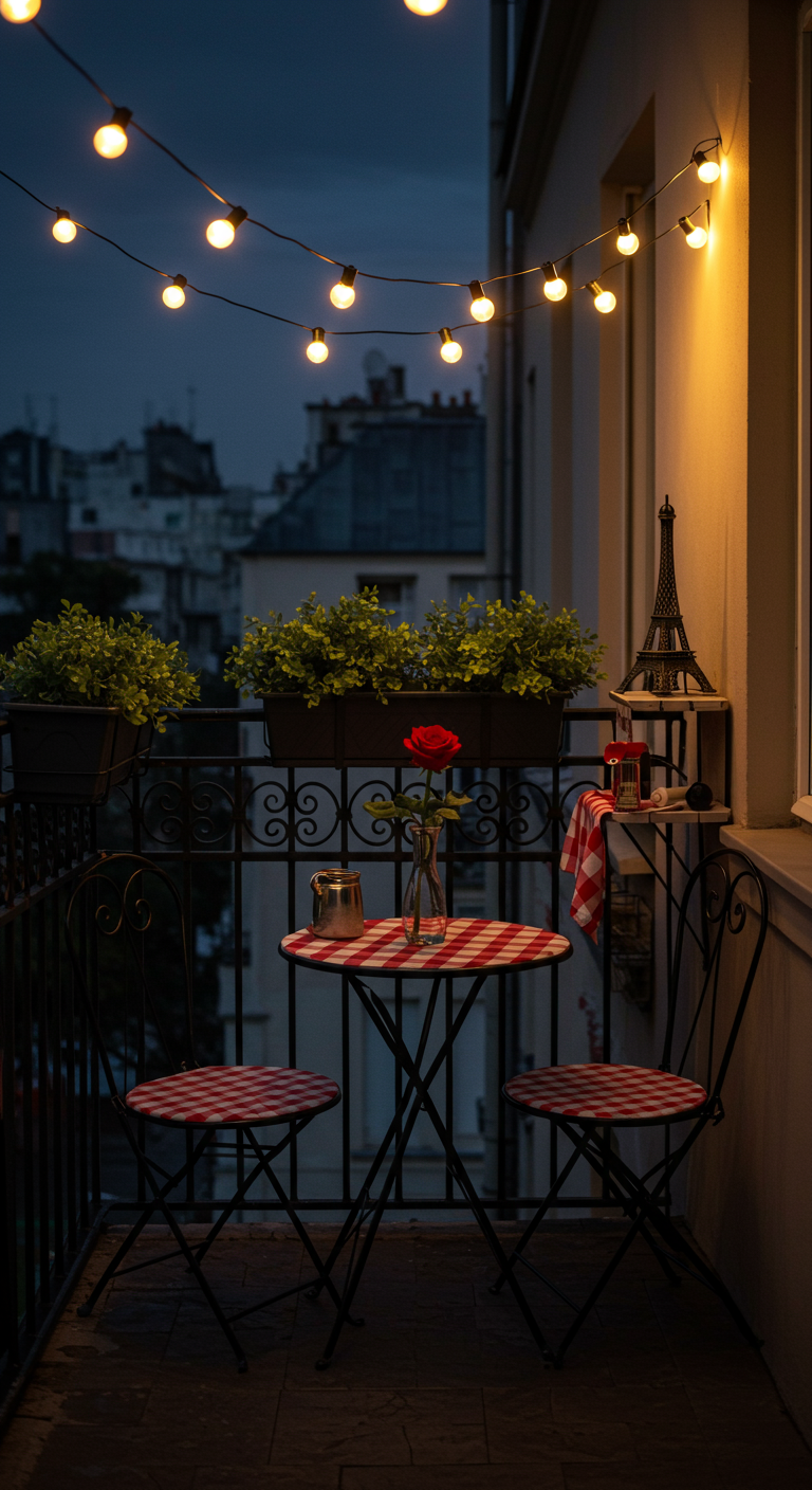 Kleiner Pariser Balkon bei Nacht mit Bistro-Set, roter Rose und Lichterkette.