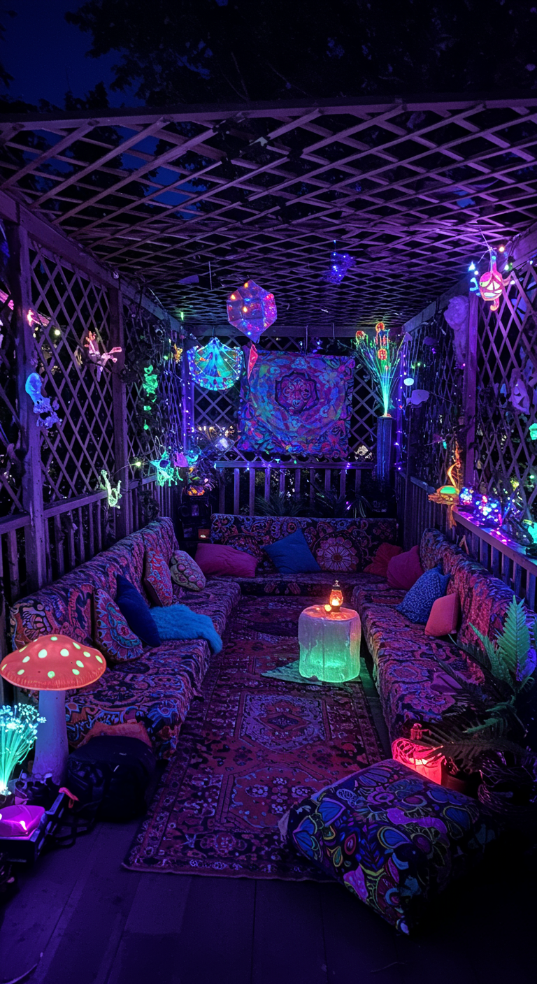Überdachter Balkon bei Nacht mit psychedelischer Deko, UV-Licht und bunten Kissen.