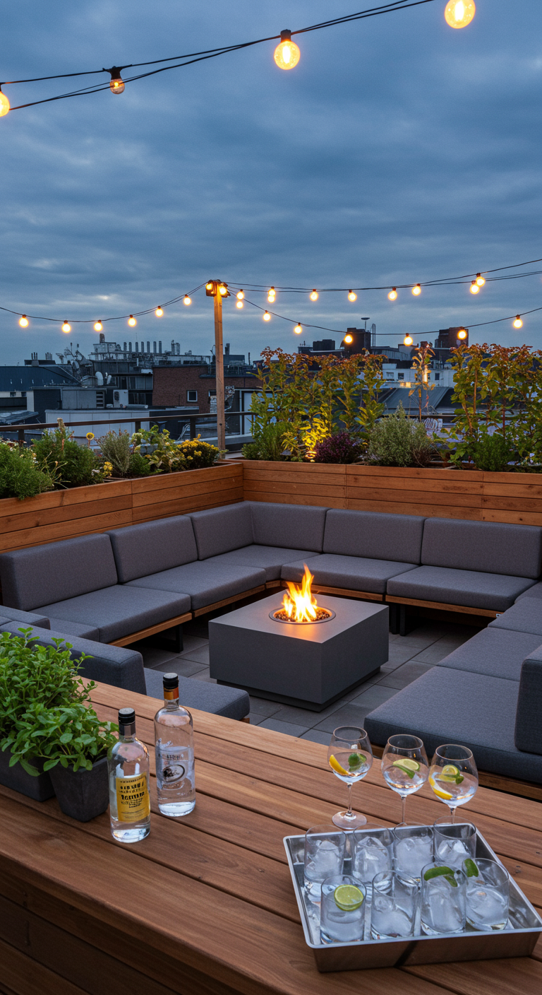 Dachterrasse mit großer Lounge-Ecke, Feuerstelle und Lichterketten.