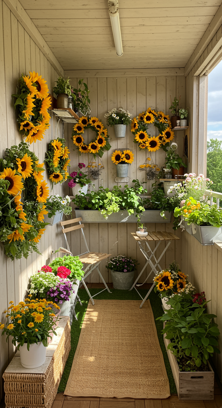 Schmaler Balkon übervoll mit Sonnenblumen in Töpfen und als Kränze an der Wand.