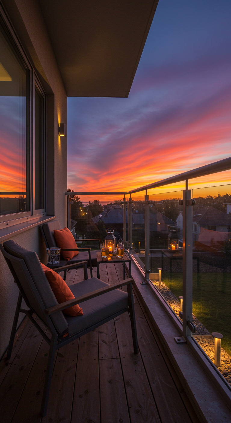 Schmaler Balkon mit zwei Stühlen und Tisch, Blick auf einen dramatischen Sonnenuntergang.