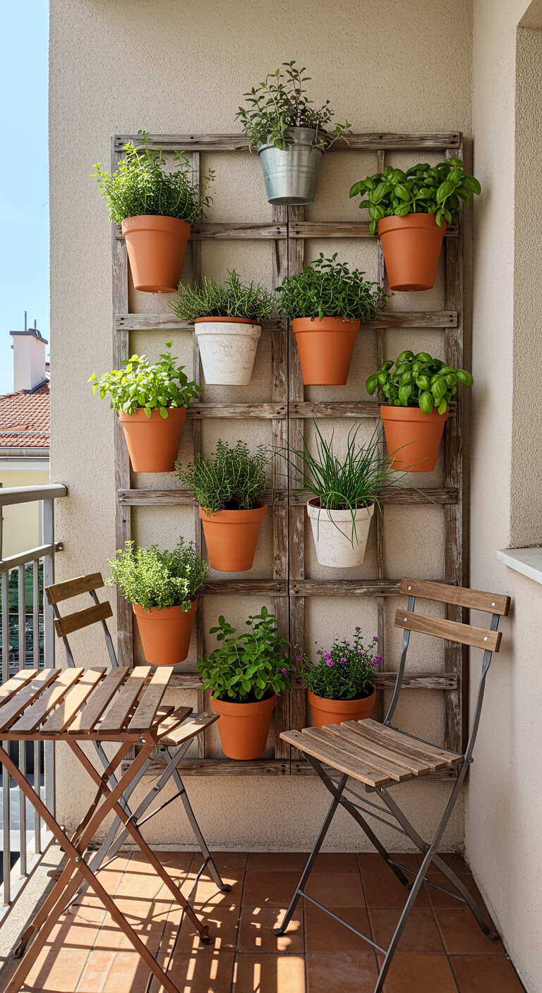 Balkon mit Holzspalier an der Wand, behängt mit Kräutertöpfen, Klapptisch und -stühle.