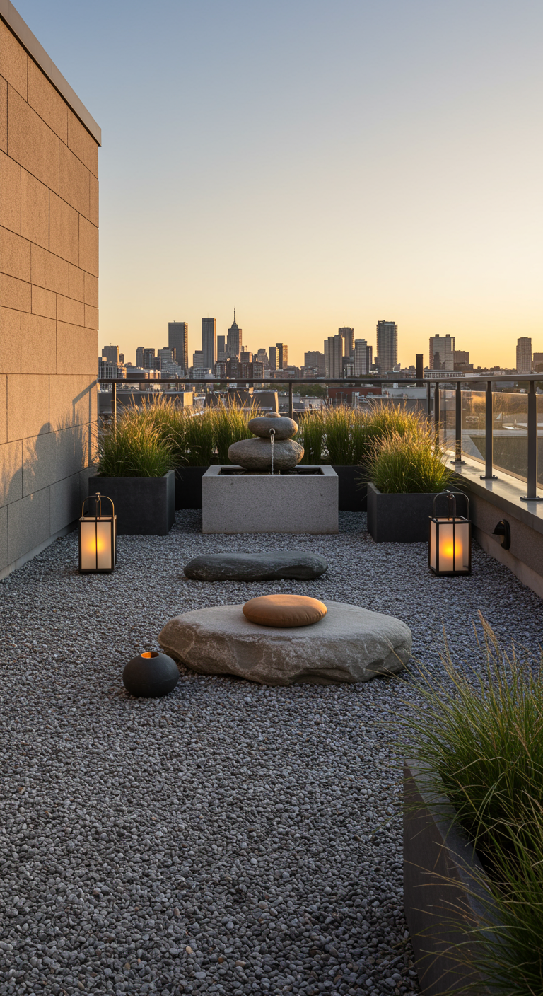 Dachterrasse mit Kiesbett, Steinbrunnen, Gräsern und Laternen bei Sonnenuntergang.