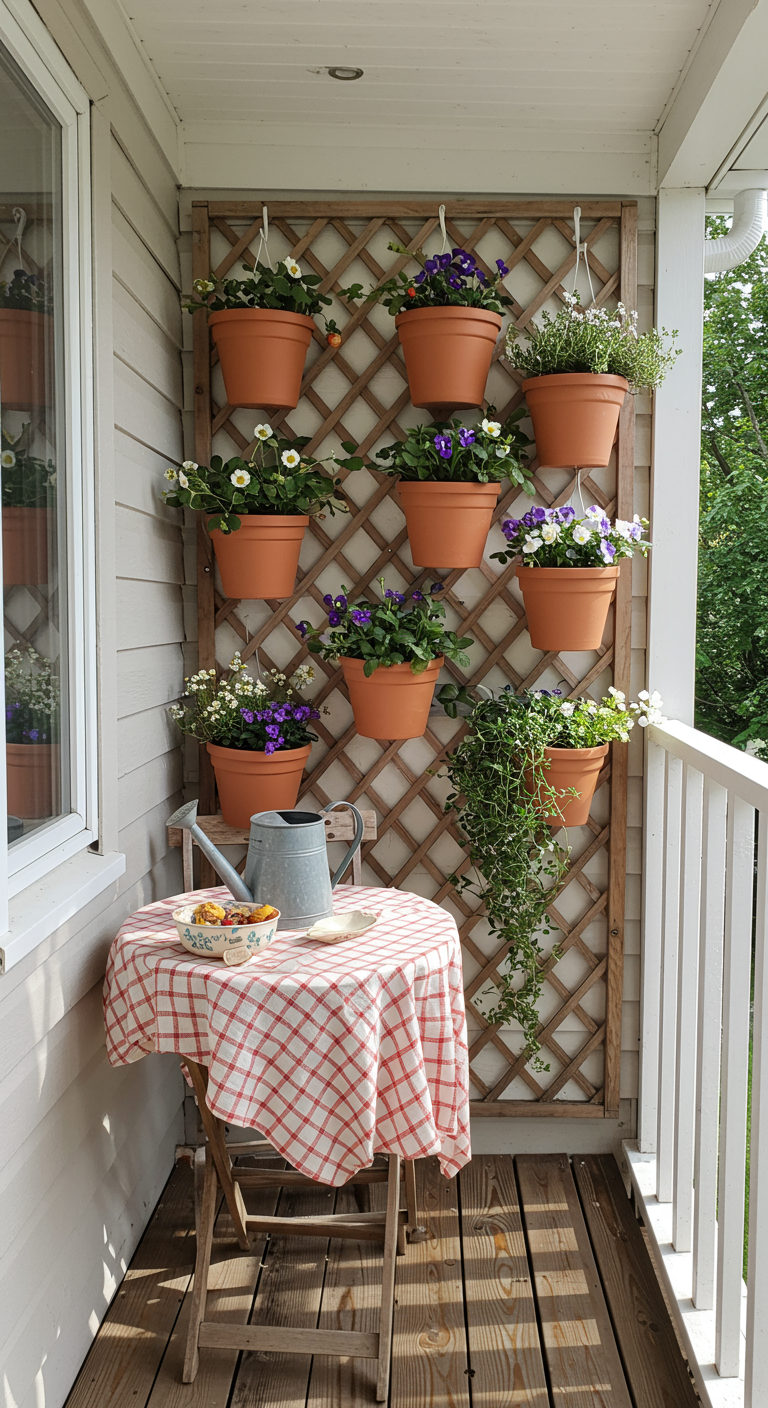 Holzspalier mit eingehängten Terrakotta-Töpfen voller bunter Blumen.