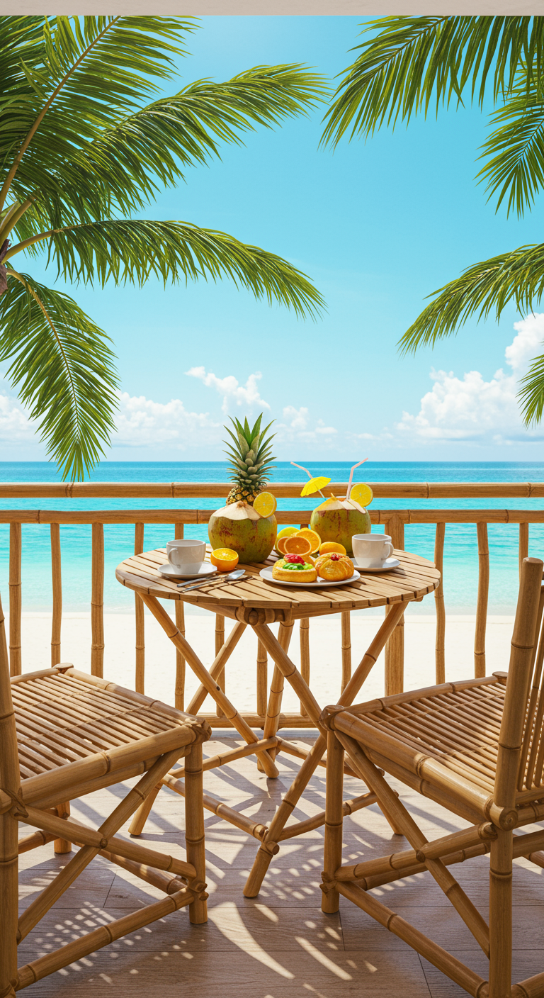 Tropisches Frühstück mit Kokosnüssen und Ananas auf einem Balkon mit Meerblick und Palmen.