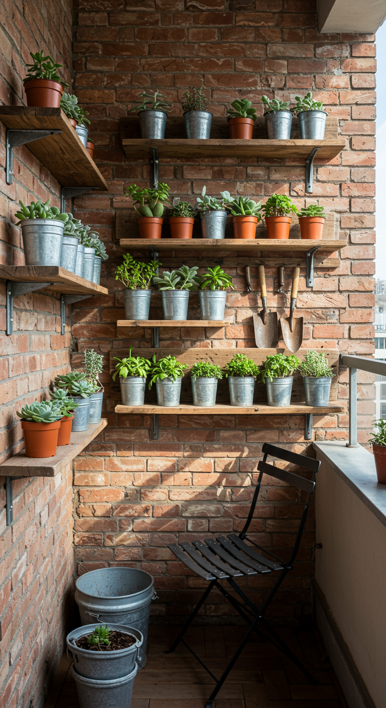Balkon im Industrial-Stil mit Ziegelwand, Metallregalen und vielen Pflanzen.