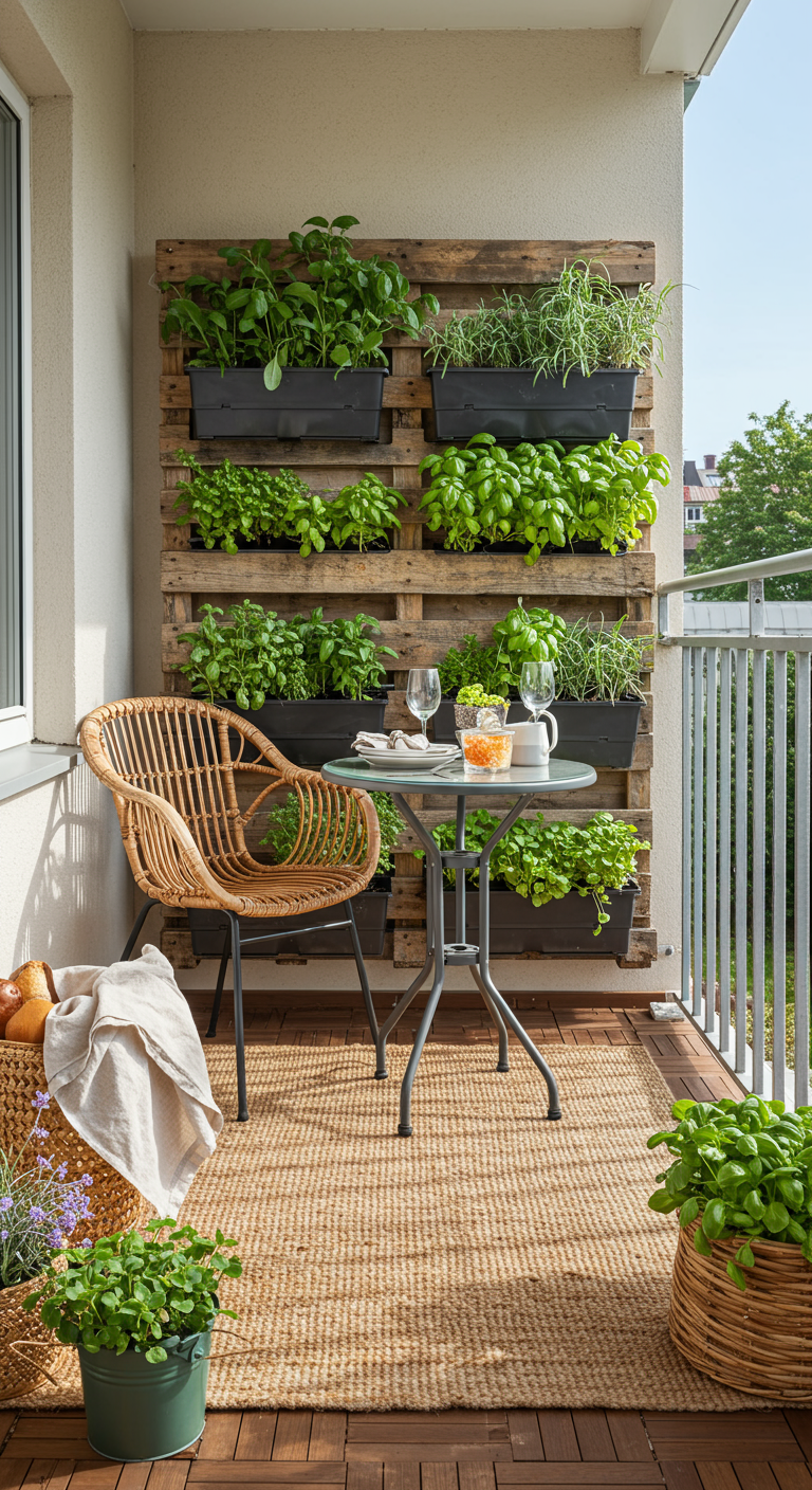 DIY-Kräutergarten aus Holzpalette auf Balkon mit Rattanstuhl und Jute-Teppich.