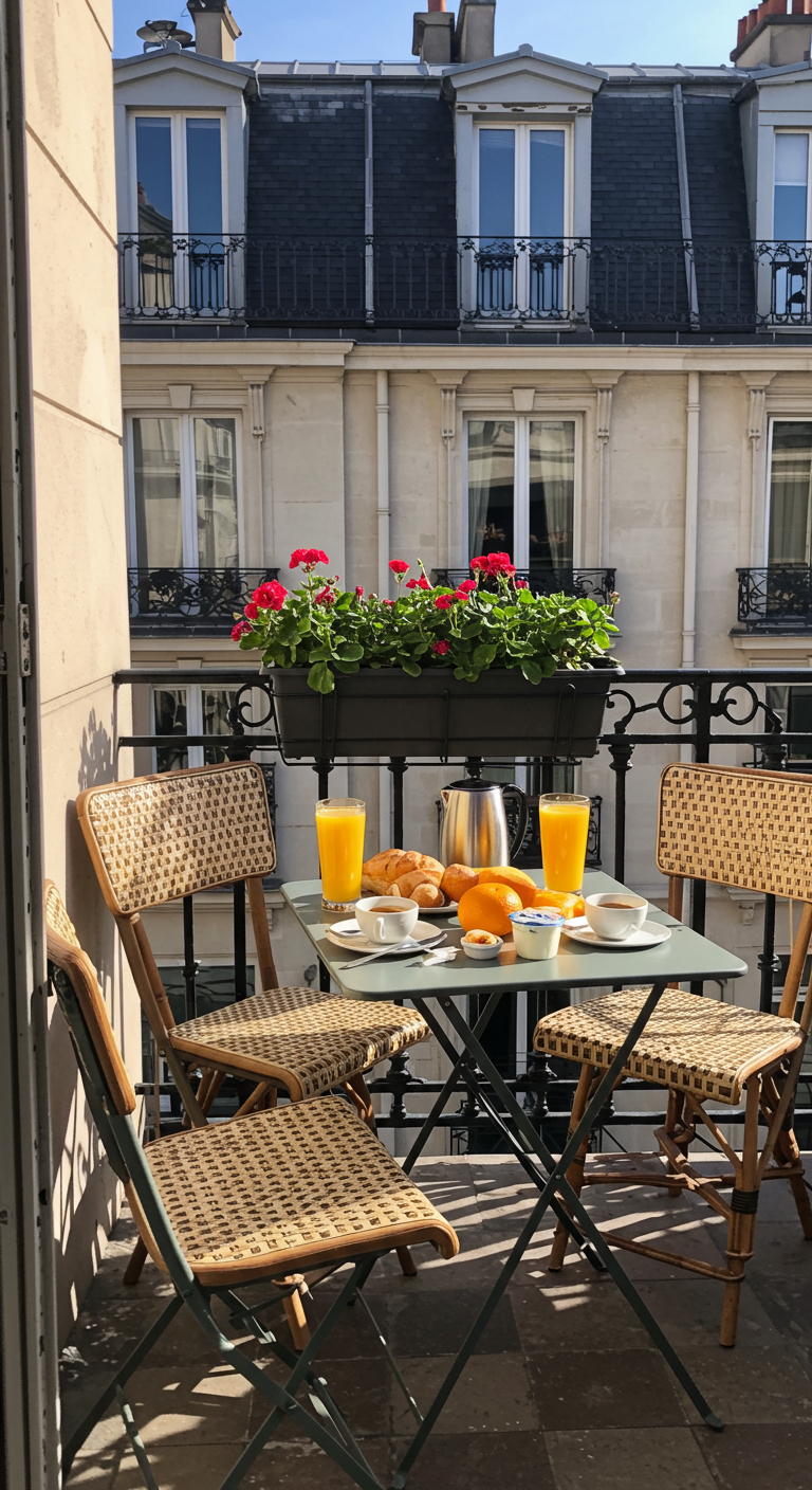 Balkon mit Bistro-Set mit Wiener Geflecht Stühlen, Frühstück mit Orangensaft und Croissants.