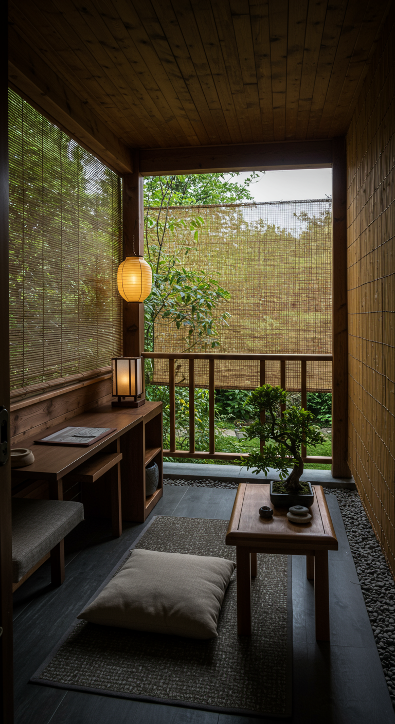 Überdachter Balkon im japanischen Stil mit Bambusrollos, Holztisch und Bodenkissen.