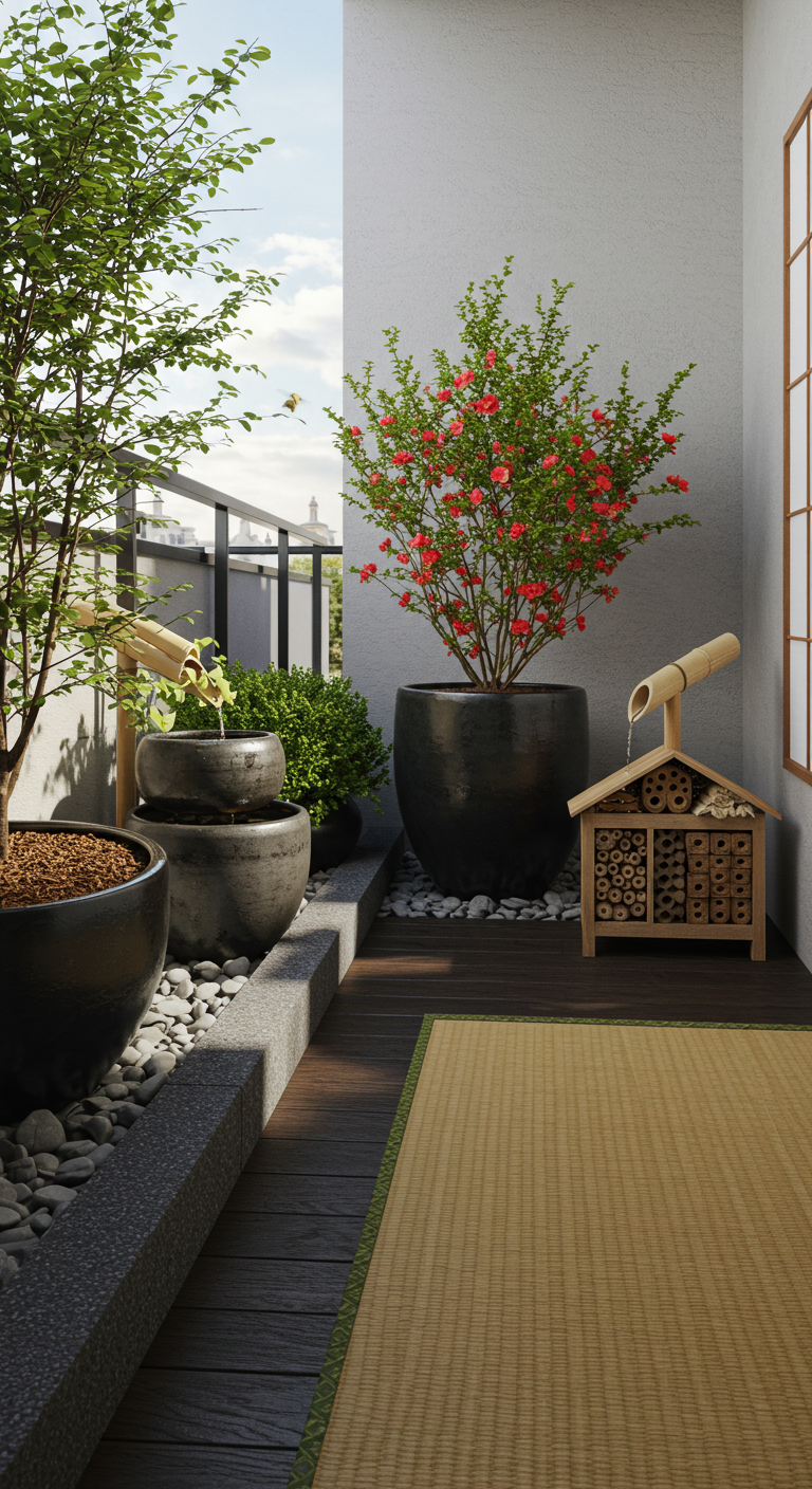 Japanisch inspirierter Balkon mit Bambus-Wasserspiel, Kieseln und blühendem Strauch.