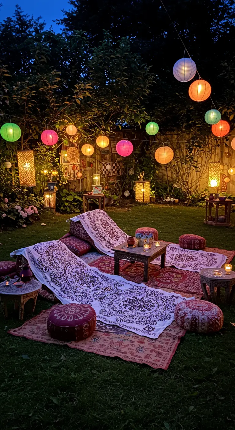Ein Garten bei Nacht mit Lampions, Teppichen und gemusterten Decken auf Segeltuchmatten.