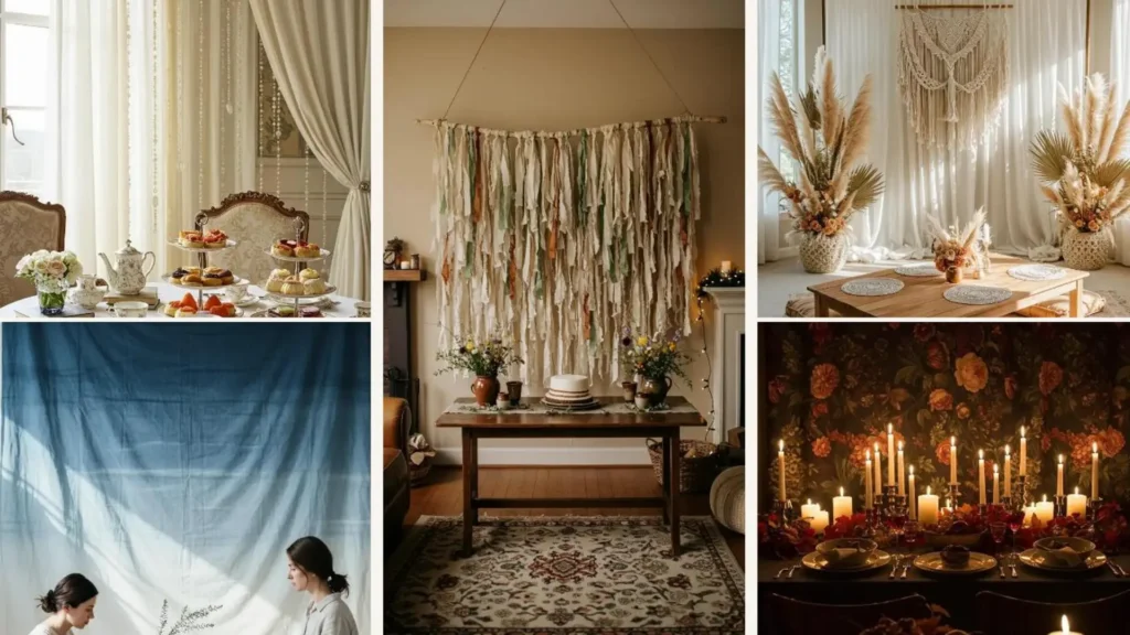 Dramatische Vorhang-Backdrops und DIY-Partydeko-Ideen für intime Wohnzimmer-Feiern.