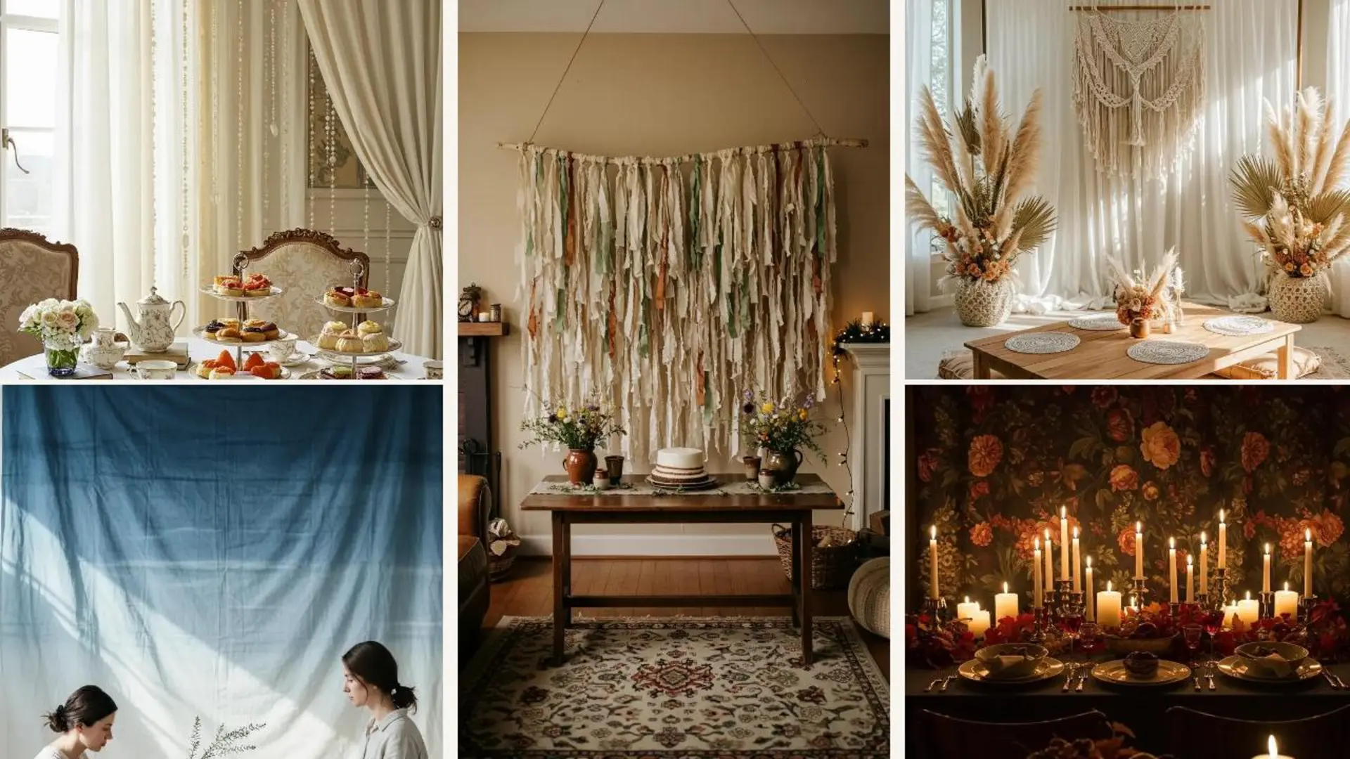 Dramatische Vorhang-Backdrops und DIY-Partydeko-Ideen für intime Wohnzimmer-Feiern.