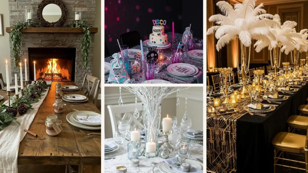 Kreative Silvester-Tischdekorationen: von rustikalem Charme bis glamourösem Art déco und moderner Disco-Party mit Geschenken.