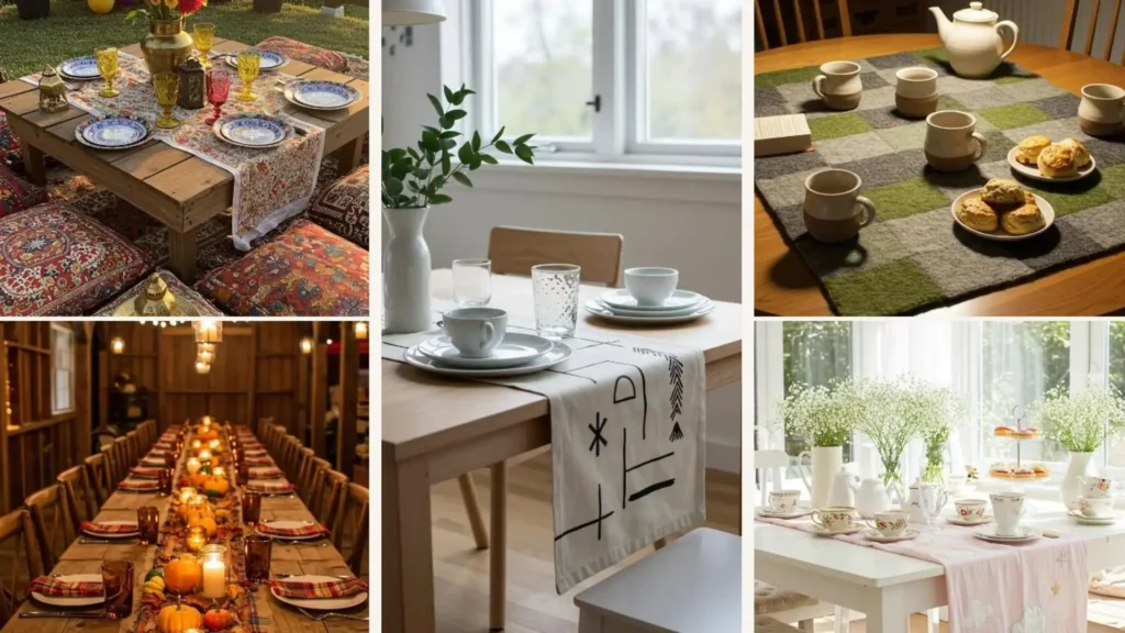 Festliche Tischdekorationen mit kreativen Tischläufern aus upgecycelten alten Stoffen für nachhaltige Feiern und DIY-Partys.