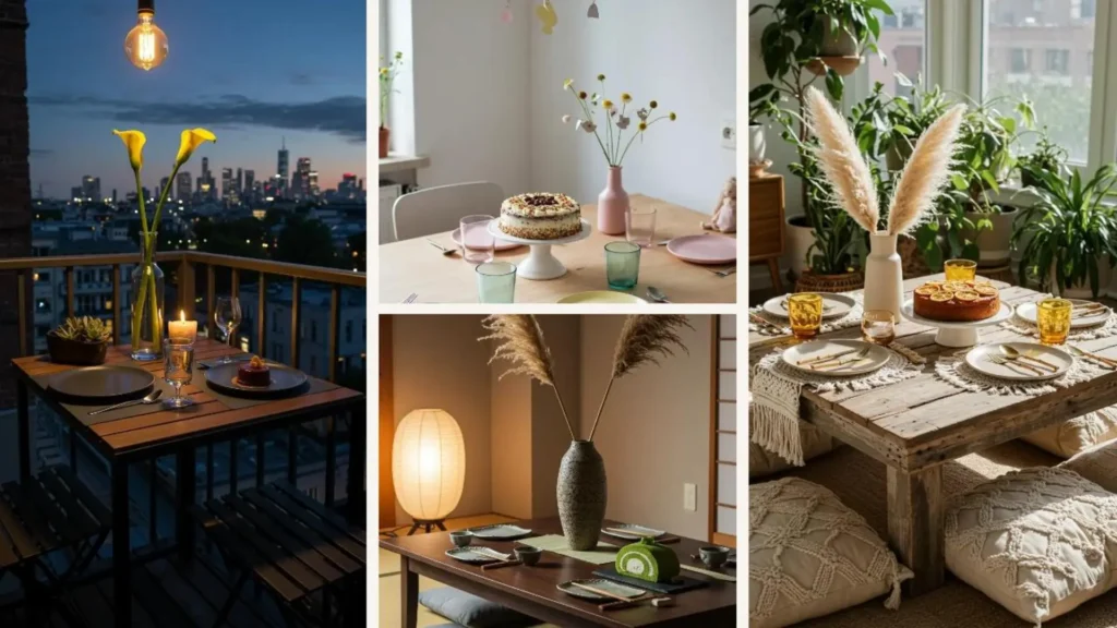 Minimalistischer Geburtstagstisch für eine urbane Tiny Party auf dem Balkon mit Kerzen, Blumen und City-Skyline.