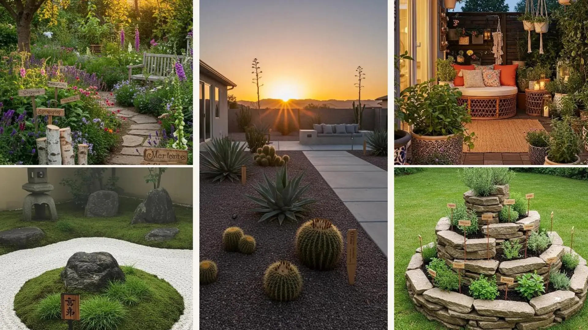 Ein üppiger Garten mit DIY-Holzbeetschildern, die Namen von Pflanzen graviert haben, um eine minimalistische Ästhetik zu schaffen.