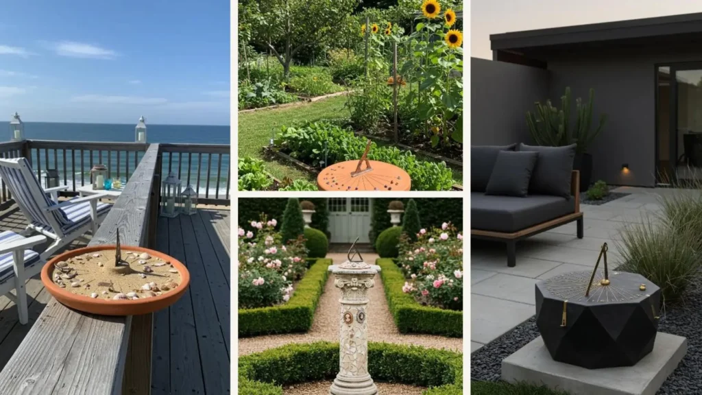 Kreative Sonnenuhren aus Ton und alten Schmuckstücken, präsentiert in verschiedenen Gärten und auf Terrassen.