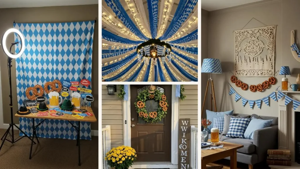 Vielseitige Oktoberfest-Dekorationen: Innenräume, Eingänge und Fotokabinen mit blau-weißen Mustern, Brezeln und Bierkrügen.