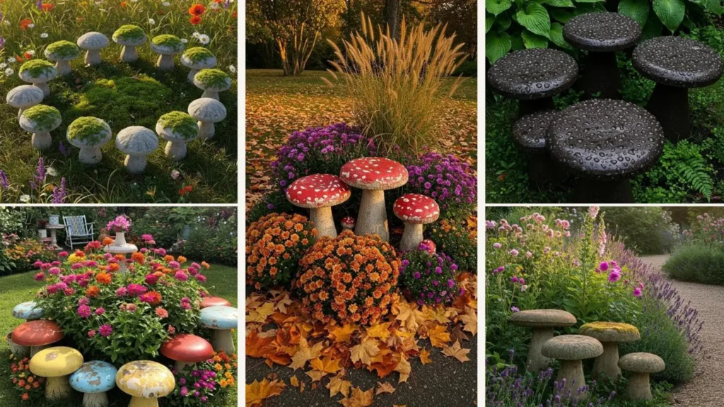 16 Betonpilz-Hocker im Vintage-Look schmücken idyllische Blumeninseln und Gärten, eine vielseitige DIY Gartendeko.