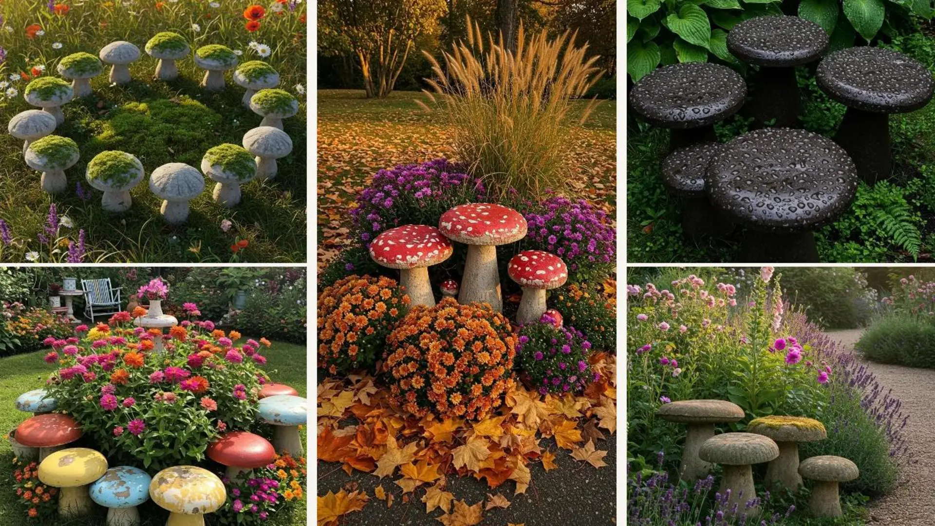 16 Betonpilz-Hocker im Vintage-Look schmücken idyllische Blumeninseln und Gärten, eine vielseitige DIY Gartendeko.
