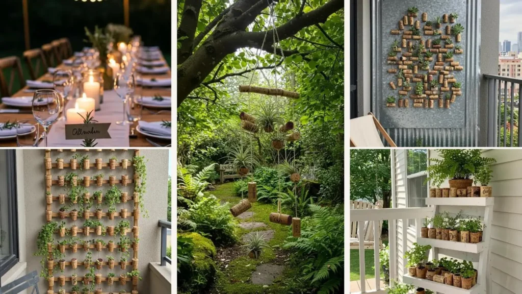 Kreative DIY-Gartendeko aus Weinkorken: bepflanzbare Mini-Skulpturen und Hängepflanzen im Freien.
