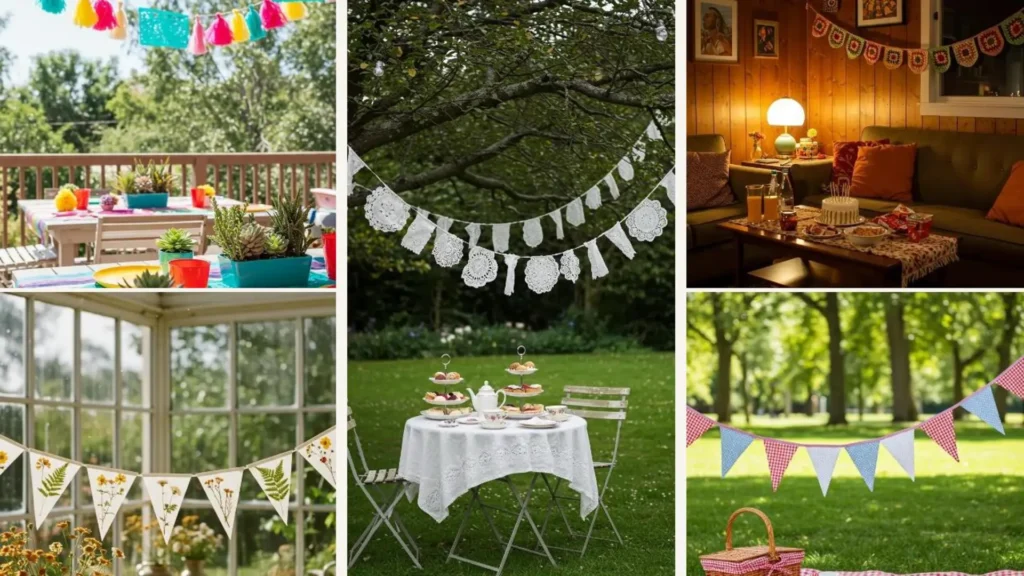 Vielseitige DIY-Wimpelketten-Variationen für Vintage-Kinderpartys: ein Mix aus Stoff, Spitze und Blumen für festliche Dekorationen.