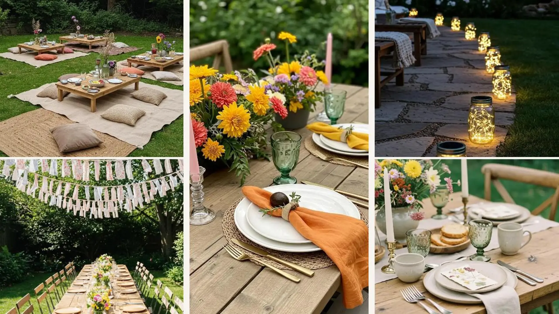 Nachhaltige DIY-Gartendeko ohne Plastik: Einladende Gartenparty-Tische mit frischen Blumen, Laternen und selbstgemachter Girlande.