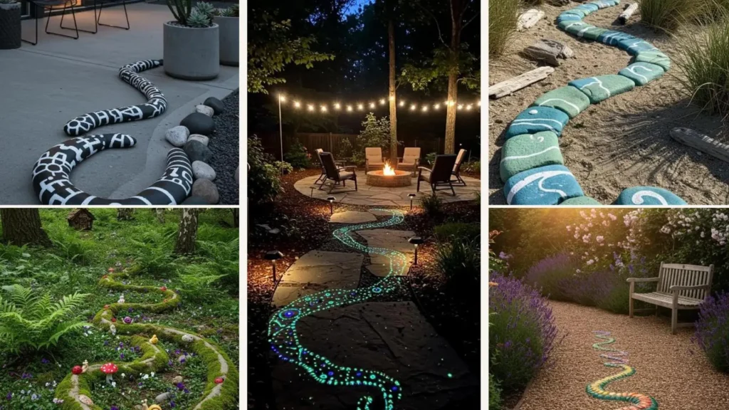 Kreative Gartendeko: Eine charmante Steinschlange als Wegführung, gefertigt aus individuell handbemalten Kieselsteinen. DIY Gartenweg Ideen.